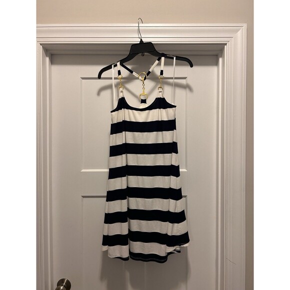 Julie Brown Knit Halter Dress Size Small Women's White Blue Striped Sleeveless - Picture 1 of 5